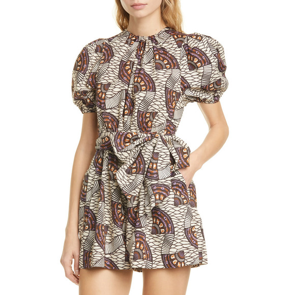 Ulla Johnson Pants - Ulla Johnson Hollis Puff Sleeve Fan Print Romper Cream Size 8